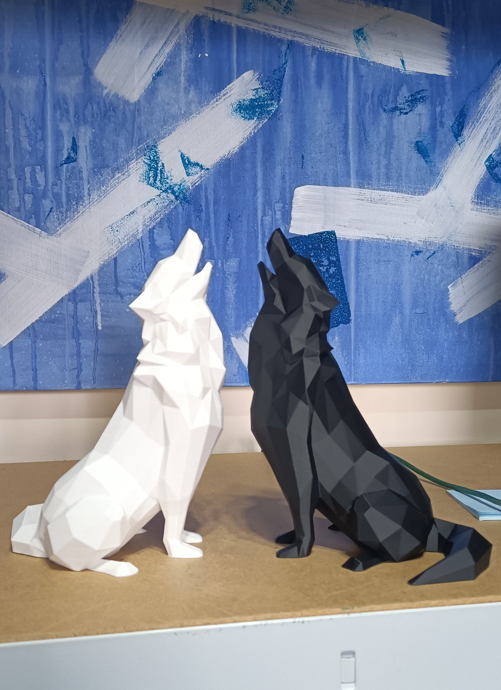 Low-Poly Howling Wolf Statues